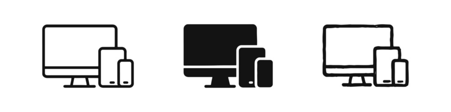 Multiple Devices Screen Icon Set Including Monitor, Tablet, and Phone in Outline, Solid, and Hand-Drawn Styles
