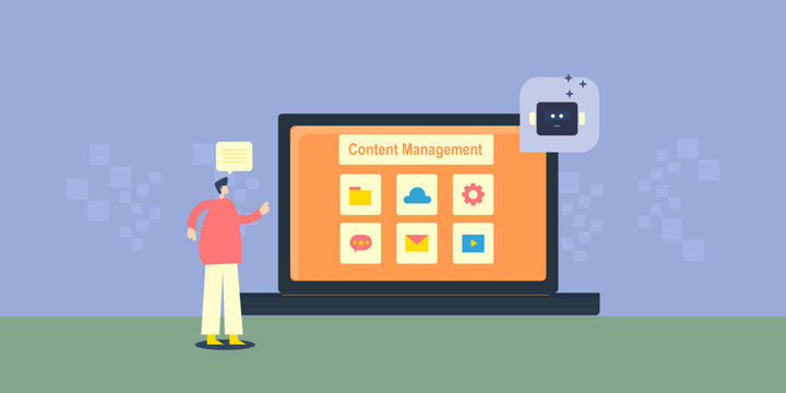 Ai automated content management system, handling content workflow, data storage and publishing operations, office and business digital platform.