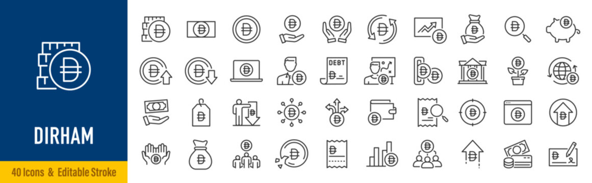 Dirham web icon set. Payment, banknotes, exchange, price, cash, coins, bank, earning, money bag, finance, shop, income, piggy, invest, business, pack. Vector illustration collection.