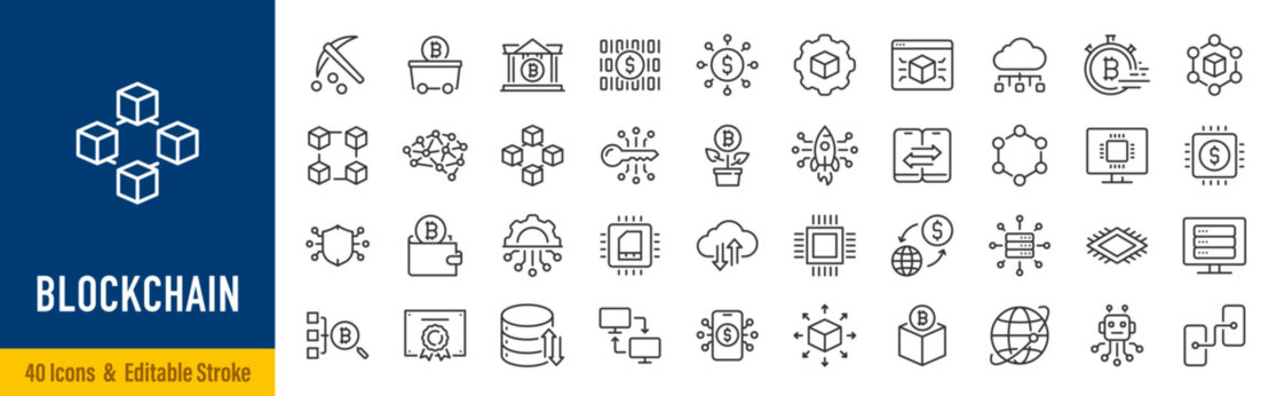 Blockchain web icons in line style. Technology, cryptocurrency, mining, key, transaction, smart contract, collection. Vector illustration.