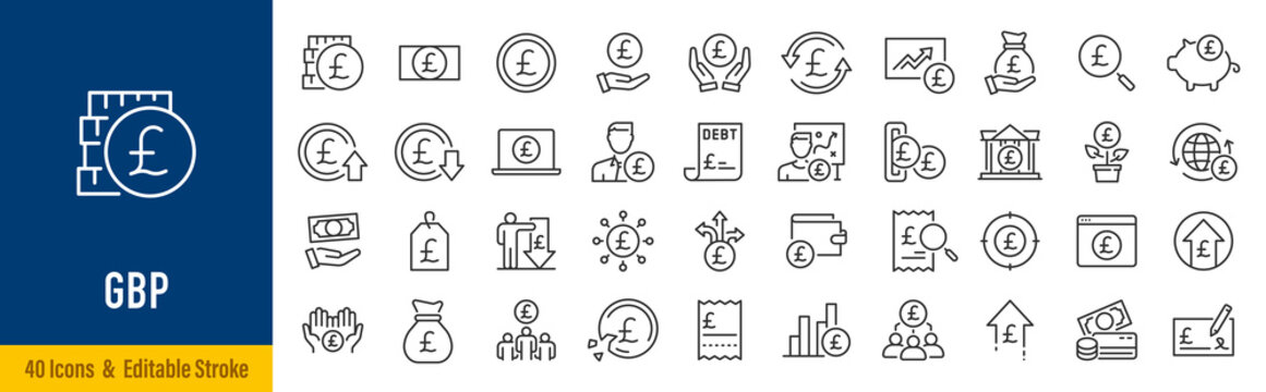 British Pound Sterling web icon set. Payment, banknotes, exchange, price, cash, coins, bank, earning, money bag, finance, shop, income, piggy, invest, business, pack. Vector illustration collection.