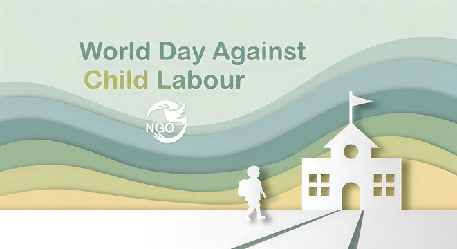 World day against child labour awareness illustration with a child and school