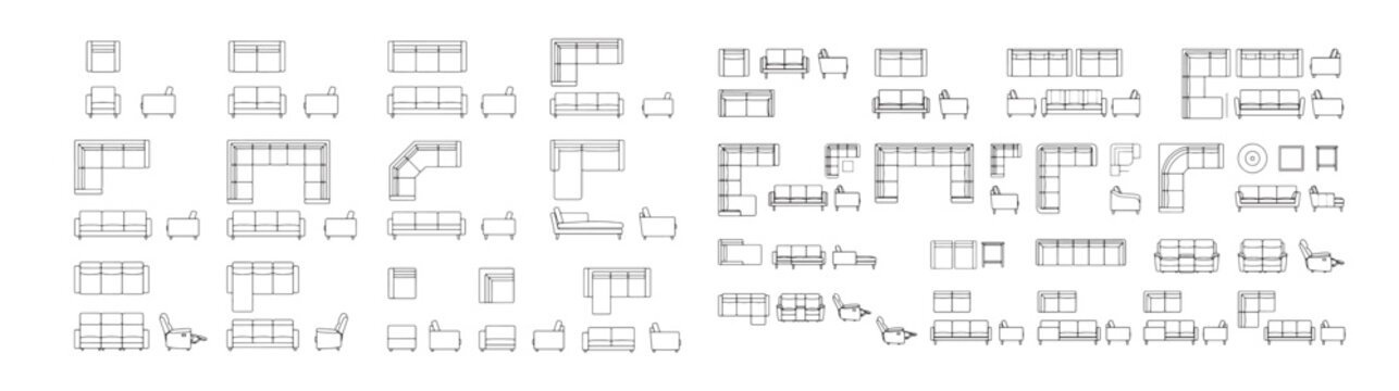 Sofa and Sectional Furniture Layouts Line Drawings &mdash; Top View, Side Elevations and Floorplan Templates