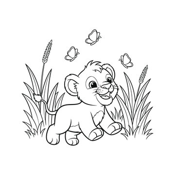 Cute Cartoon Baby Lion Cub with Butterflies in Grass Vector Line Art Coloring Page
