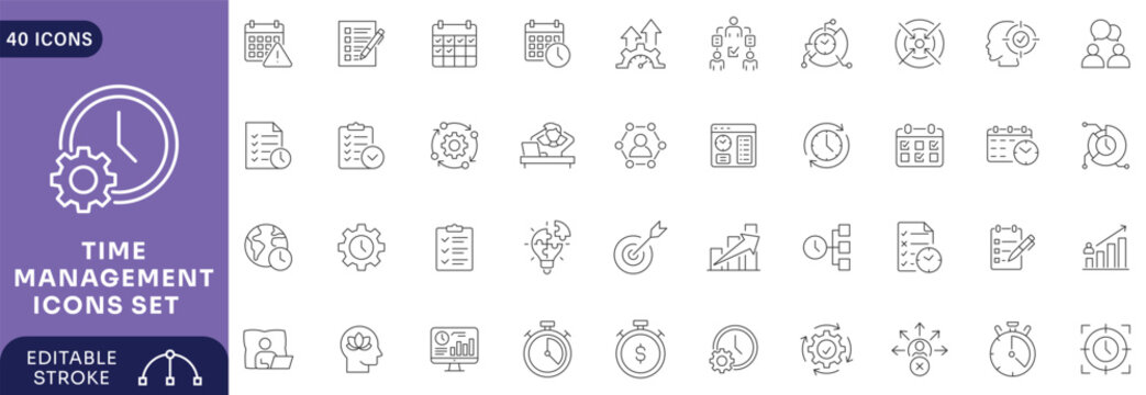 Time management icon set. Containing schedule, to-do list, task, planner, calendar, delegation, reminder set priorities Etc. Editable stroke.