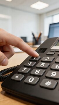 Close-up of a hand pressing a button on a black office phone on a wooden desk in an office setting with a blurred background.