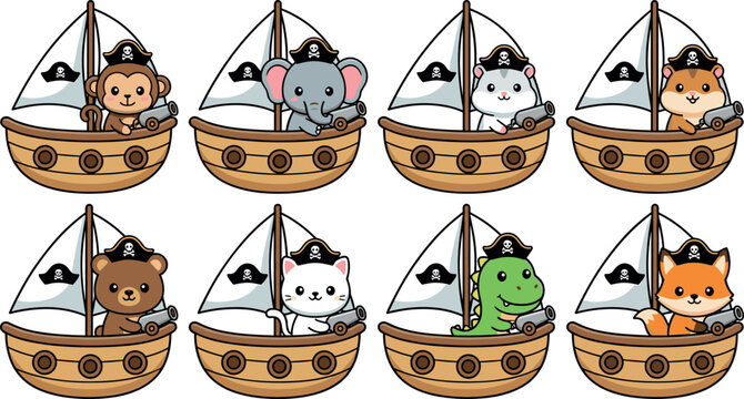 Kawaii pirate animal sailing ship vector illustration set featuring monkey elephant hamster bear cat dinosaur fox for kids stickers children adventurous minimal cartoon design collection.