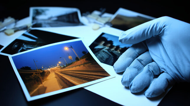 Gloved hand handling printed photo of night railway with streetlights and motion blur, nostalgic mood