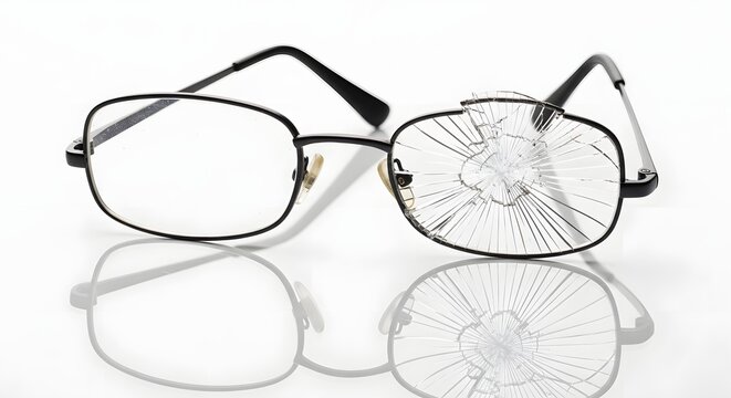 Broken eyeglasses on white background showing damage and fragility