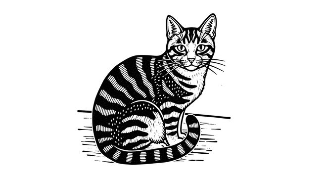 Black and White Striped Tiger Cat Illustration Drawing Vector