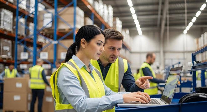 Business colleagues reviewing inventory data in large warehouse