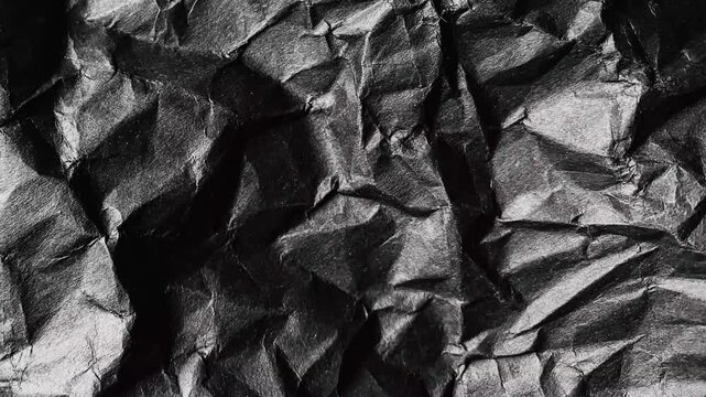 Closeup texture of crumpled black paper with sharp folds and shadows animated background