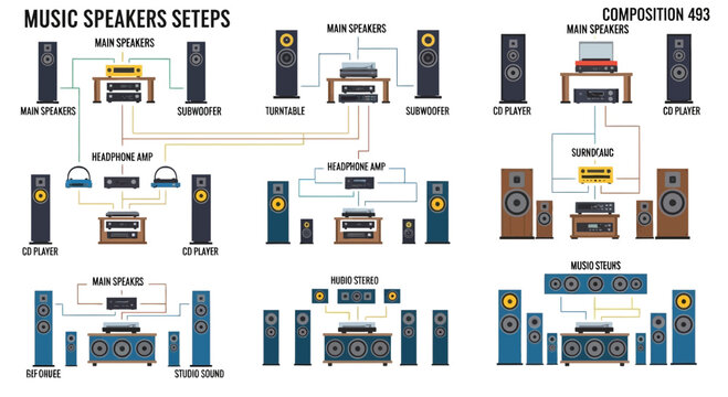 Audio System Setups: Speakers, Amplifiers, and Players Diagrams