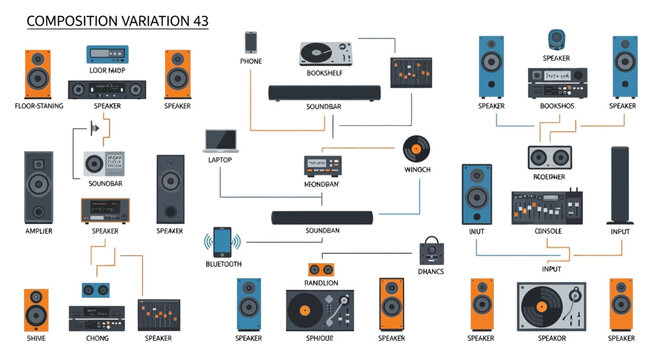 Audio System Setup Diagram: Speakers, Amplifiers, and Devices