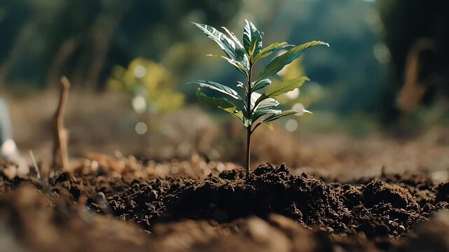 Man hands planting young tree in soil for reforestation