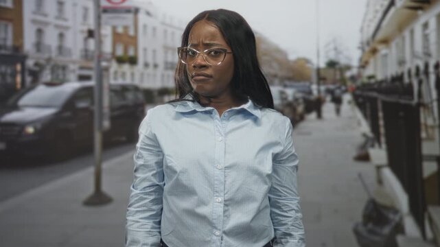 Black woman wearing glasses raises hands in a defensive gesture on a city street, facing oncoming traffic; apprehension caution.