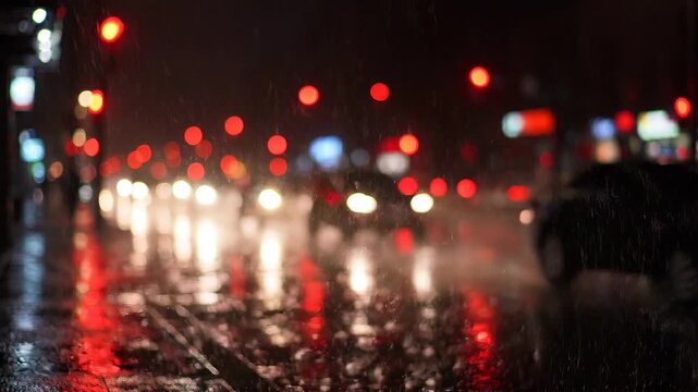 Blurry nighttime city street with red traffic lights.