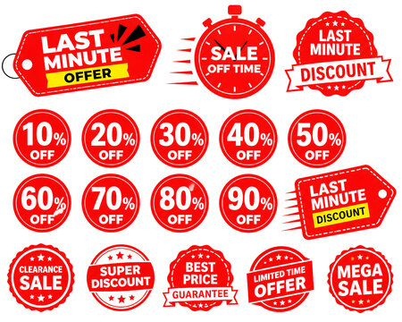 Discount last minute offer tag, 50, 20, 10, 40, 30, 60, 70, 80, 90 percent.Set sale off time emblem, badge price discount number. Flat offer stamp, sticker clearance sale.Last minute discount. vector