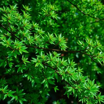 Emerald foliage bursts forth from branches, soft and lush, scenery, ||fresh greenery