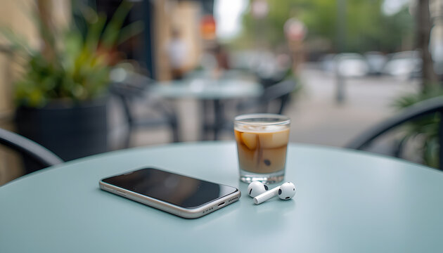 Smartphone, Wireless Earbuds, and Iced Coffee on Outdoor Cafe Table with Blurred Background