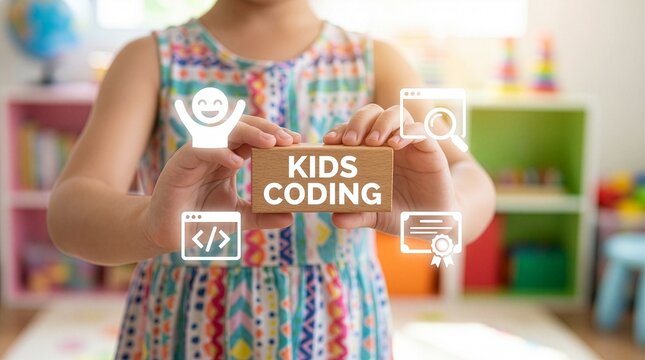Concept of kids coding. Children coding education. Web, apps and software development new concept.
