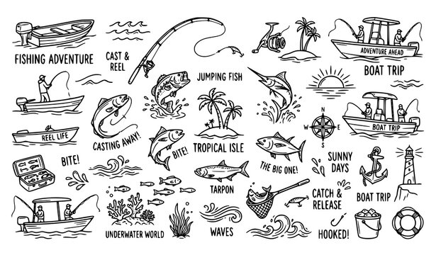 Fishing Adventure Line Art Icons Set Boat Rod Fish Tropical Ocean Vector Illustration