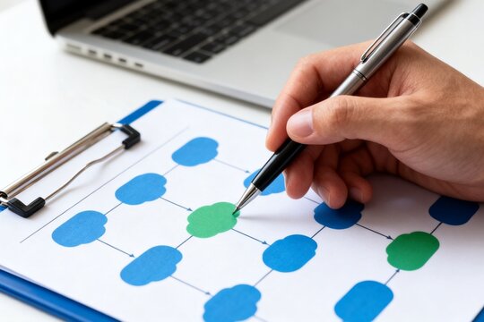 Hand drawing flowchart on clipboard