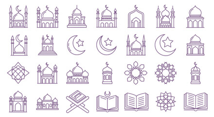 Obraz premium Islamic Icons Set: Mosques, Moon, Stars, Quran, Geometric Patterns