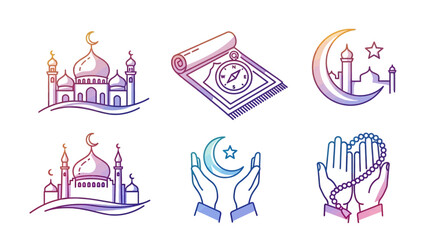 Fototapeta premium Islamic Icons Set: Mosques, Prayer Mat, Moon, Hands, Rosary - Ramadan, Eid Celebration