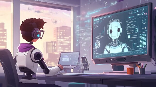 Teenager designs robot, futuristic office, city view