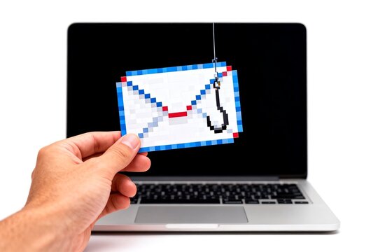 Hand holding pixelated email with fishing hook