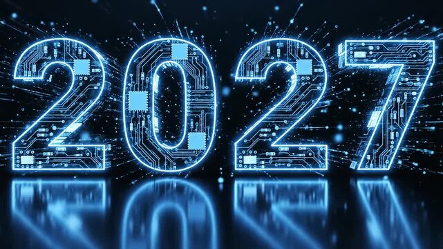 2027 digital circuit numbers on dark background perfect for UI/UX design and motion graphics