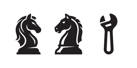 Black chess knight pieces, wrench icon, minimalist design elements © Vector Icon Lab