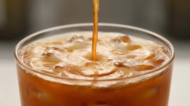 Caramel syrup pouring into iced coffee with ice cubes creating rich sweet swirl close up beverage