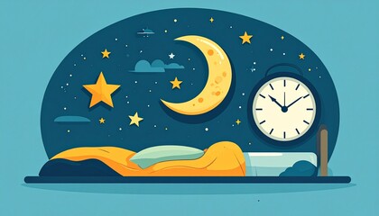 Naklejka premium 月と星と時計(睡眠習慣)イラスト