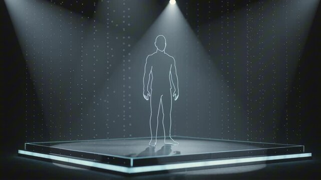 Hologram minimal stage platform with a standing figure outlined in glowing neon lines. Overhead spotlight beams illuminate drifting particles against a dark futuristic background.