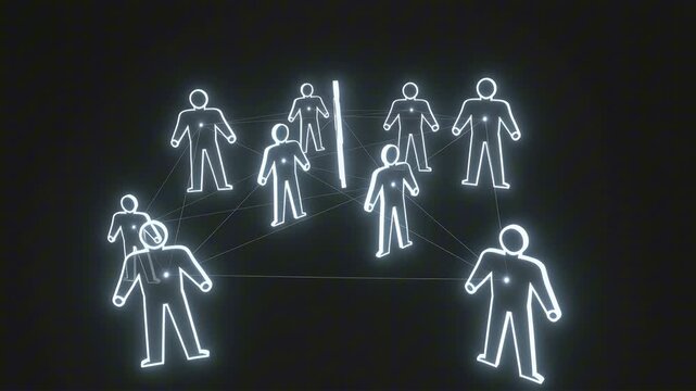 Hologram human icons connected by glowing neon lines to form a digital network. Light pulses move along the thin connections against a dark background.