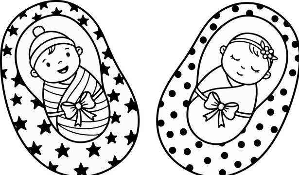 Hand drawn newborn baby twins vector, cute swaddled infant boy and girl line art, coloring page illustration of sleeping babies in cocoons