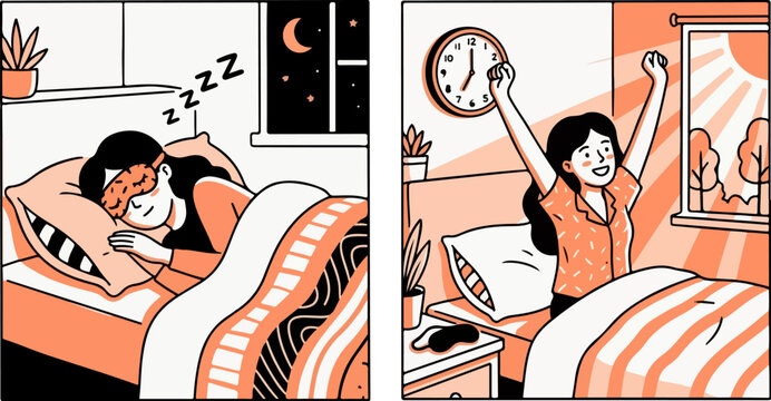 Minimalist comic vector illustration of sleep routine, woman sleeping at night and waking up refreshed in morning, healthy lifestyle concept art