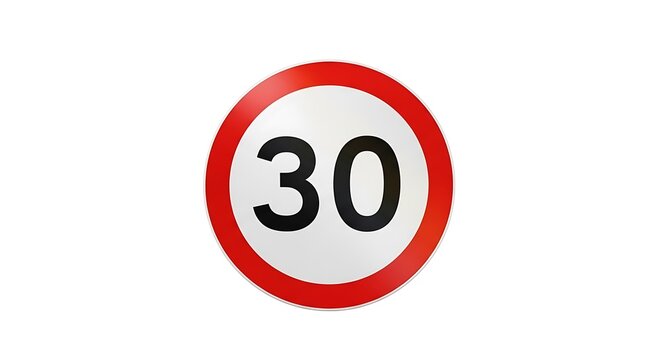 Circular thirty speed limit road sign against white background