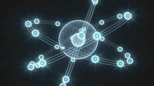 Hologram atom model featuring a central nucleus and orbiting electron spheres. Glowing neon cyan and blue lines trace the orbital paths with light flares on a dark background.