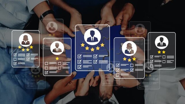 Hands Gathering Around Digital Profiles and Ratings, Representing Teamwork and Collaboration in Professional Setting for Evaluating Candidates Effectively Gluon.