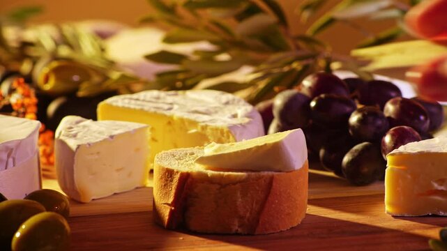 Hand placing camembert on rustic bread surrounded by grapes olives and various cheeses on a wooden board in golden light