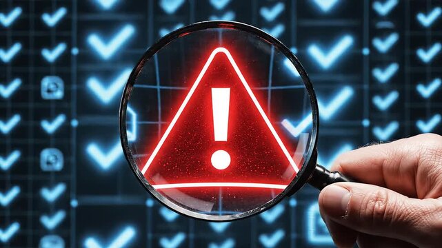 Hand holding magnifying glass over warning symbol ideal for sleek commercial backgrounds and title sequences