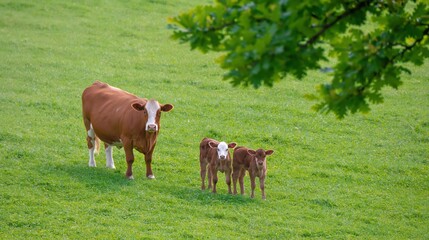 Obraz premium Mother Cow with Baby Cows Grazing in Green Field