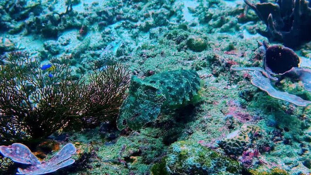 A master of disguise, a crocodile flathead fish lies perfectly camouflaged against algae-covered coral rubble amid a richly colorful reef, nearly invisible to the untrained eye. Indonesia