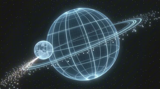 Hologram planet sphere of neon latitude and longitude lines. A smaller moon orbits along a glowing circular path with trailing particles against a dark cosmic background.
