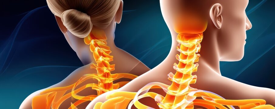 Medical illustration of the cervical spine and neck anatomy with x-ray view highlighting vertebrae and posture