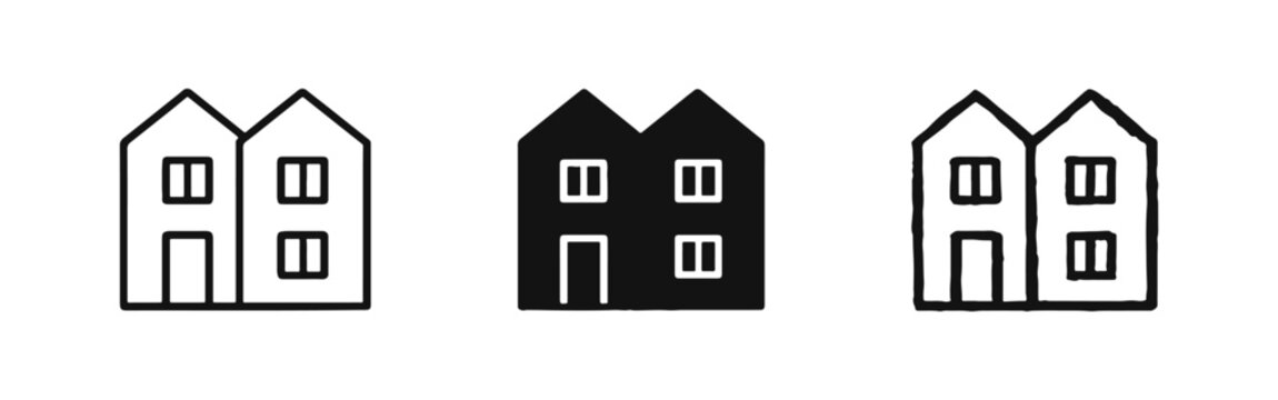 Semi-Detached House and Duplex Icon Set - Two Attached Homes Building