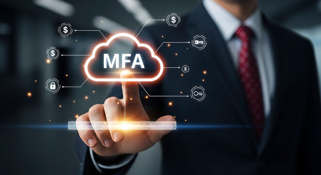 Businessman touching MFA cloud icon for multi factor authentication data security